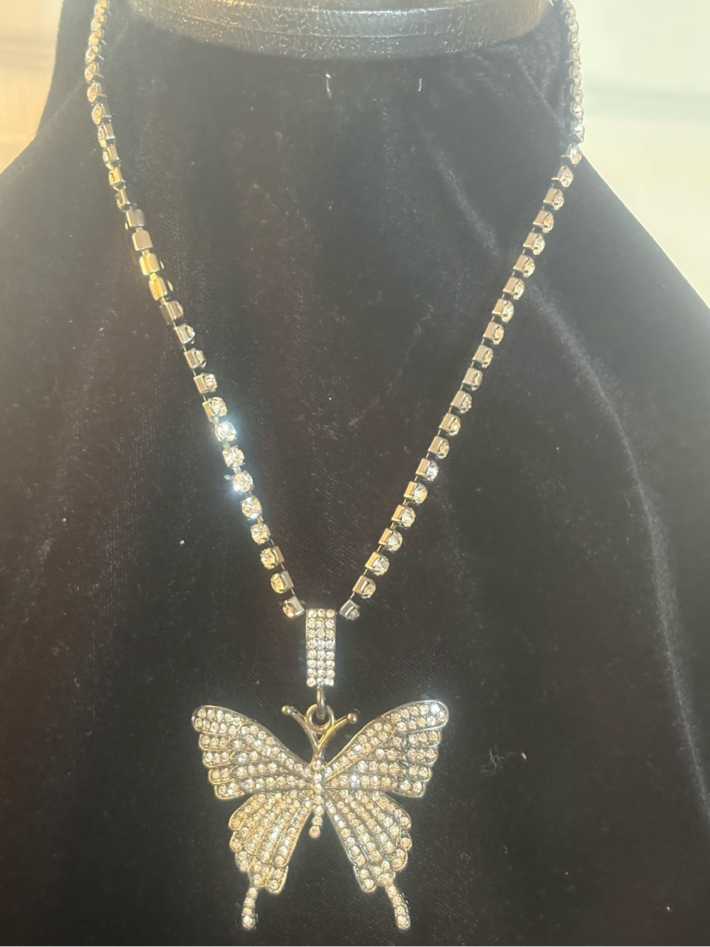 Crystal Butterfly Pendant Necklace - SilverTone